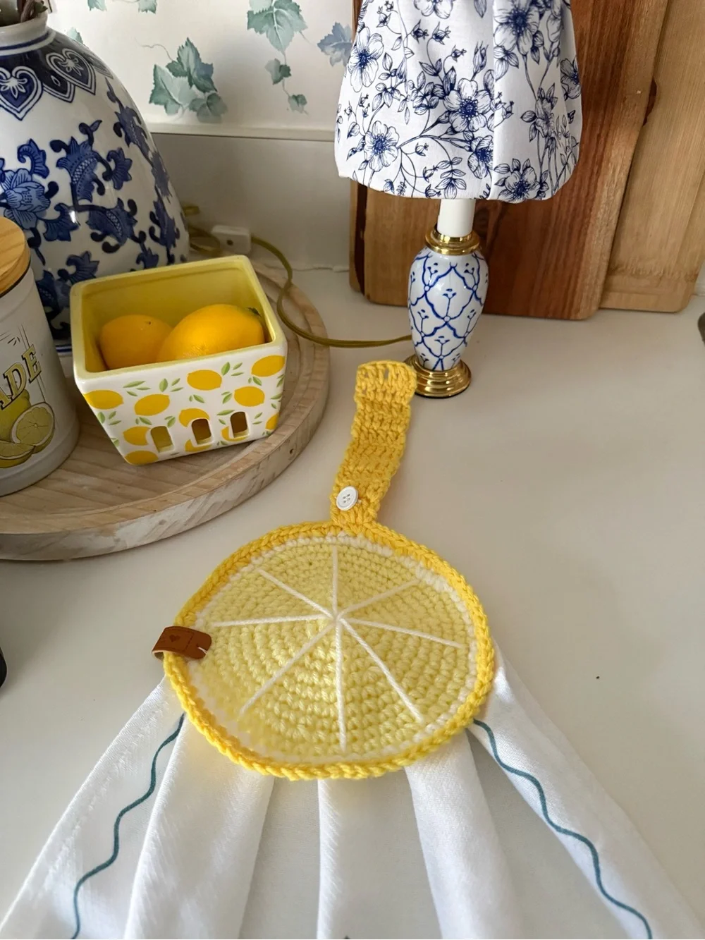 Handmade Yellow Lemon Hanging Kitchen Hand Towel with Crochet Top